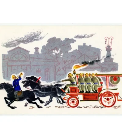 Vintage Postcard Fire escape. From the history of Moscow transport.