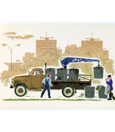 Vintage PostCard From the history of Moscow transport. Soviet Garbage truck